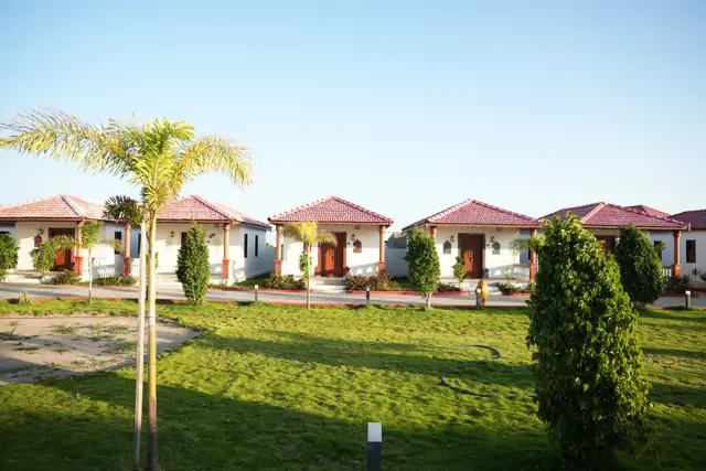 Resort grounds with cottages and palm trees – The Heaven Resort, Dholavira