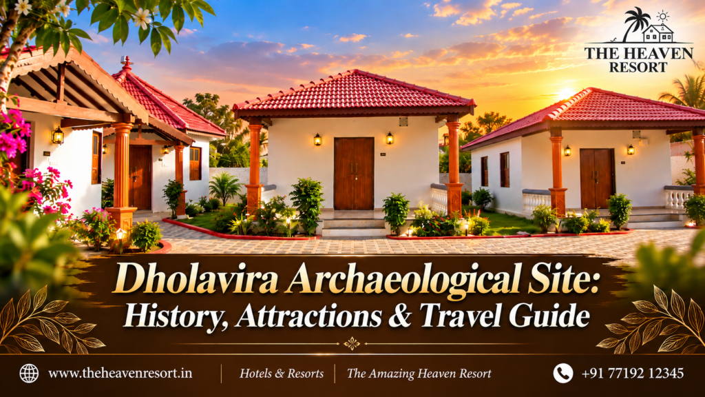 The Heaven Resort in Dholavira, Gujarat, featuring red-roof cottages and a Dholavira Archaeological Site travel guide banner.