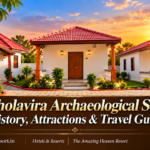 The Heaven Resort in Dholavira, Gujarat, featuring red-roof cottages and a Dholavira Archaeological Site travel guide banner.
