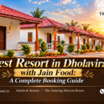 The Heaven Resort in Dholavira featuring red-roof cottages and a Jain food booking guide banner.