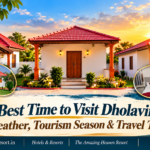 Best time to visit Dholavira travel guide banner featuring The Heaven Resort cottages and bedroom